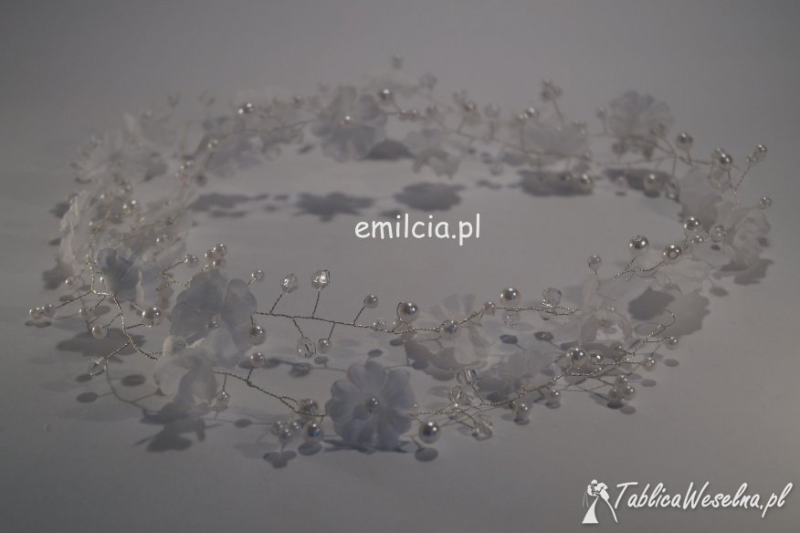  E-milcia.pl Gałązka - Girlanda Kryształki i Białe Kwiatki na Bogato, UROCZA OZDOBA DO WŁOSÓW