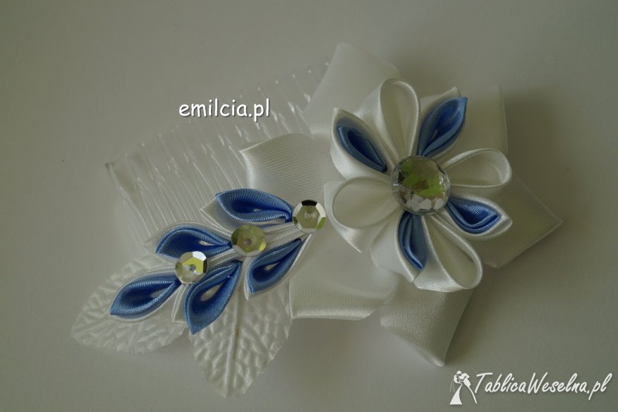 " E-milcia.pl"   Cudowny  G R Z E B Y K  Biało - Niebieskie Kwiatki Kanzashi